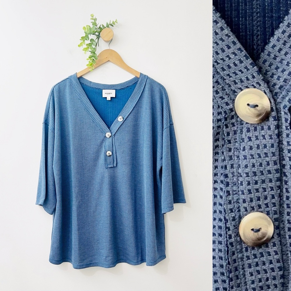 Andree By Unit Blue Waffle Knit Henley Blouse Plus Size